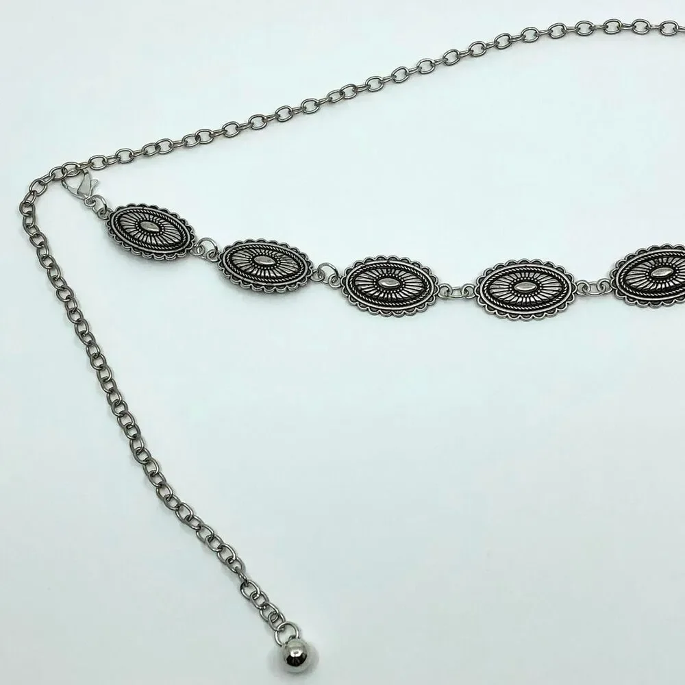 Vintage Y2K Western Silver Concho Chain Belt, Fits 16–39.5 Inches, X7GA1222
